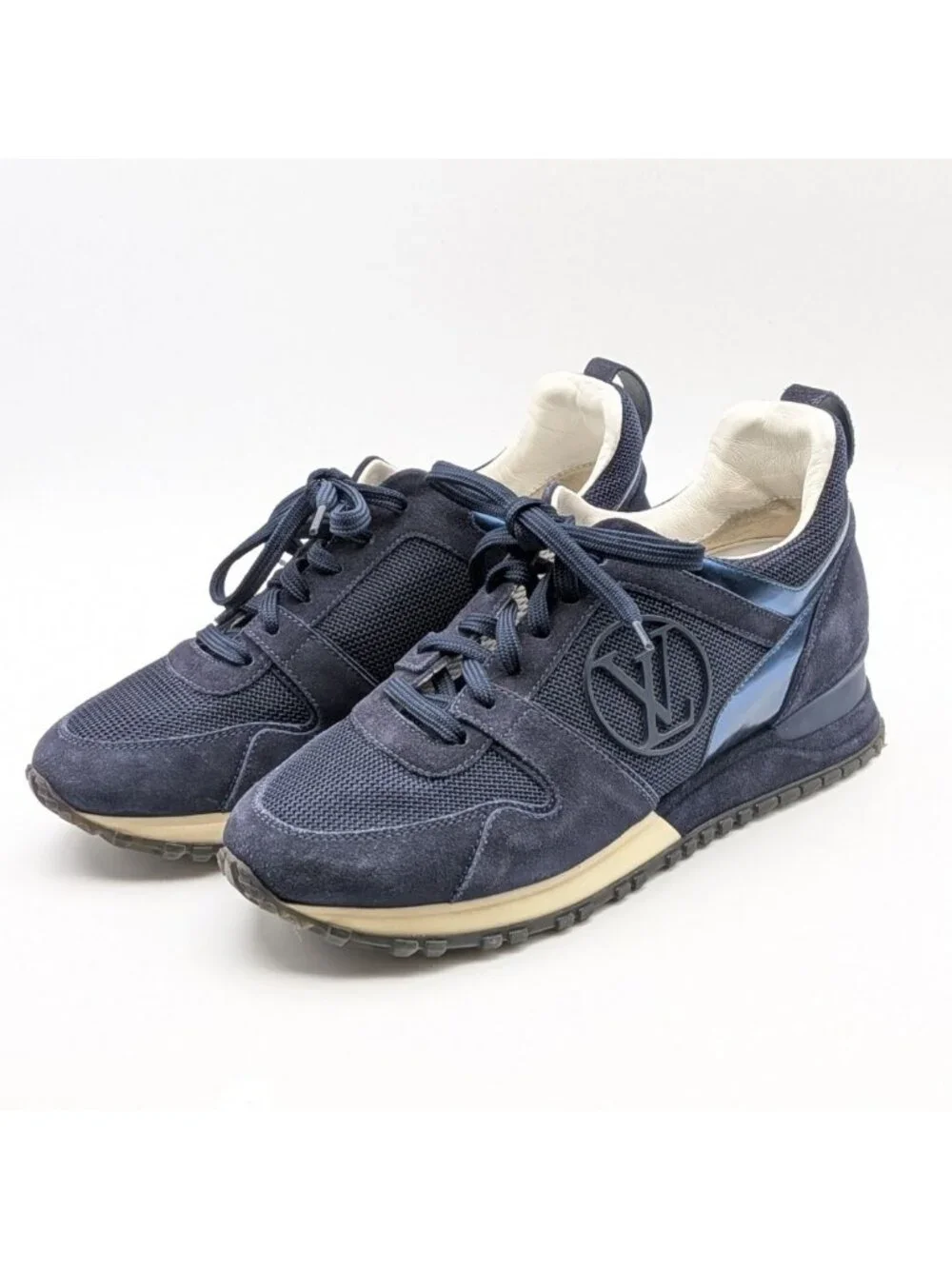 Louis Vuitton Run Away Line Navy Suede Mesh LV Logo Sneakers in Heels